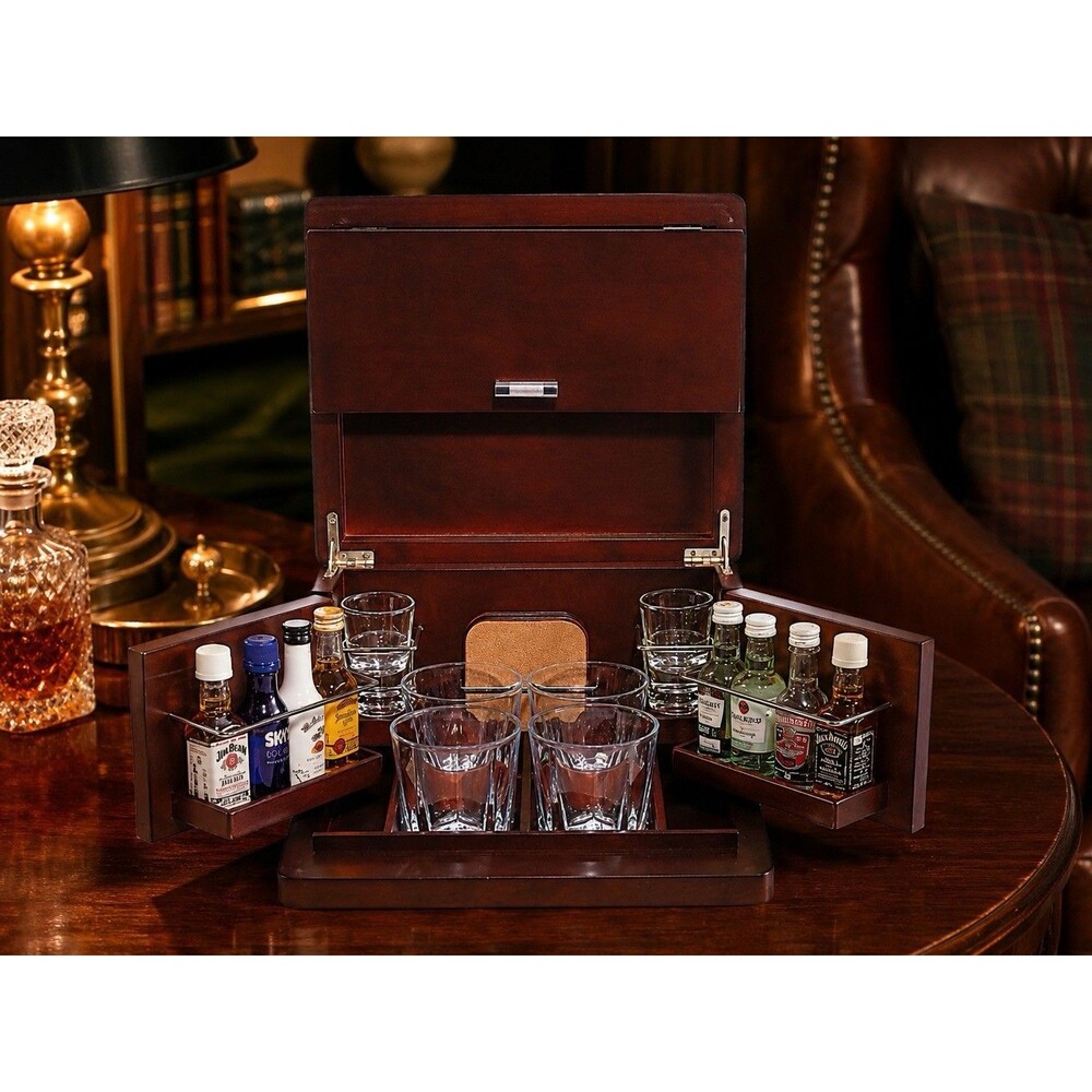 Brookstone Wooden Tabletop Mini Bar / Portable Bar Box with Glasses